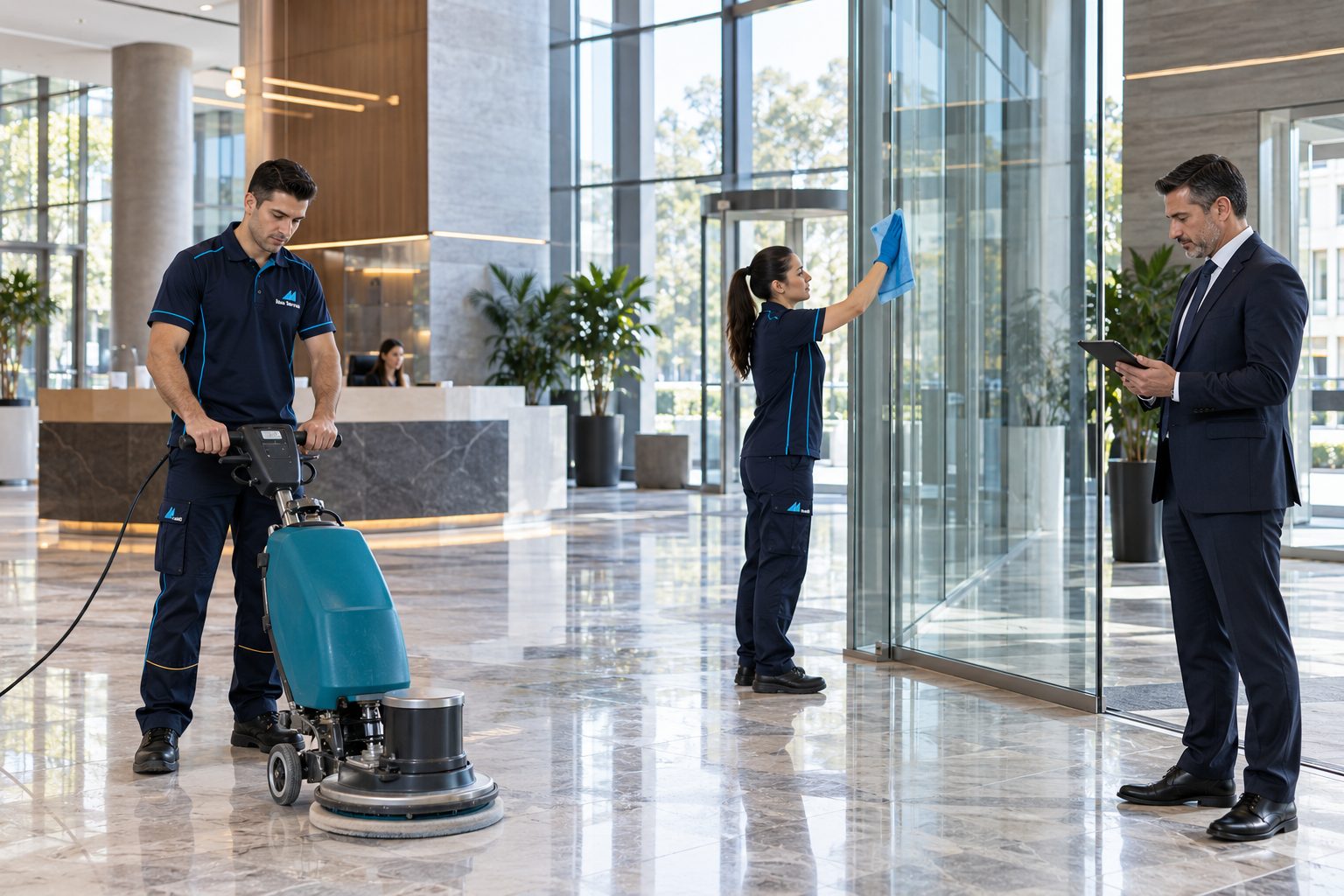 İlka Servis ekibi bir plaza lobisinde zemin bakımı ve cam temizliği yapıyor